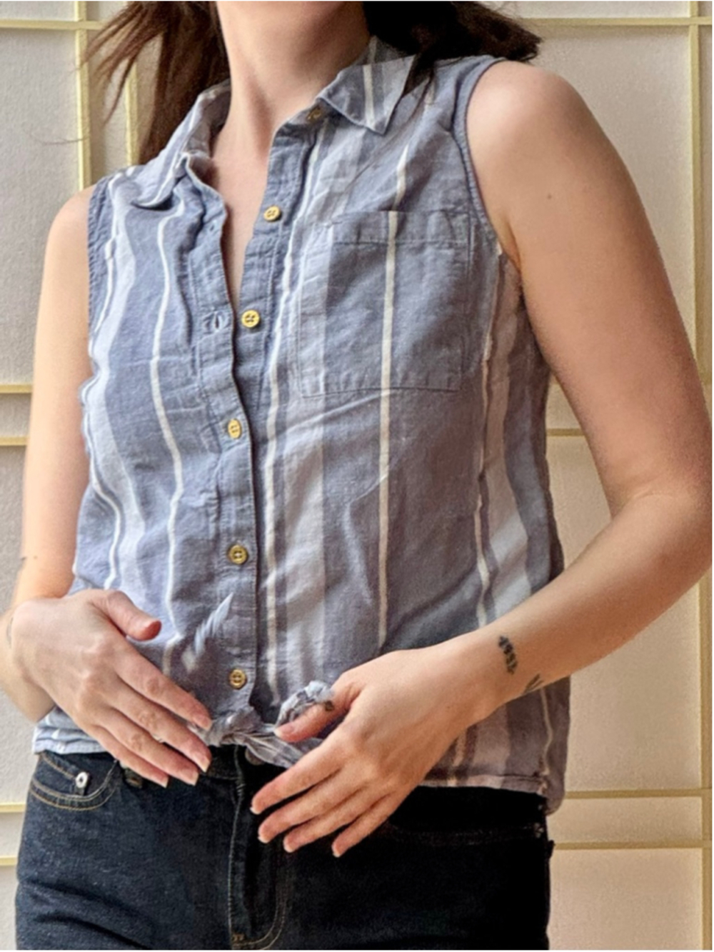 Ellen Tracy Cotton and Linen Striped Tie Front Top Size S
